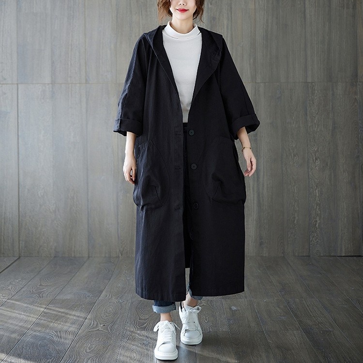2024 Autumn New Artistic Loose Plus Size Over-the-Knee Long Large Pocket Trench Coat For Women With Hooded Commuter Casual_voghion.com