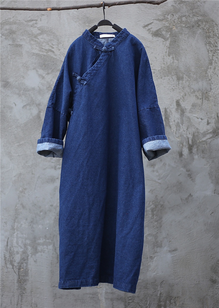 Damen Asymmetrischer, geknöpfter, langer, lockerer Denim-Trenchcoat im Zen-Stil, Vintage-Look, einfarbig_voghion.com