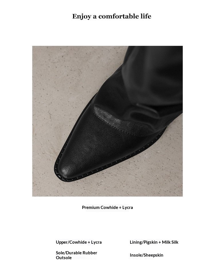 ShoeGlobe Echtleder-Version! Schwarze, gerade geschnittene Overknee-Reitstiefel für Damen mit spitzer Zehenpartie und erhöhter Körpergröße._voghion.com