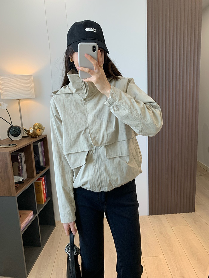 Women's Clothing Lu+ Lightweight Slimming Windproof Outdoor Long Sleeve Casual Sports Hooded Workwear Trench Coat Short Jacket_voghion.com