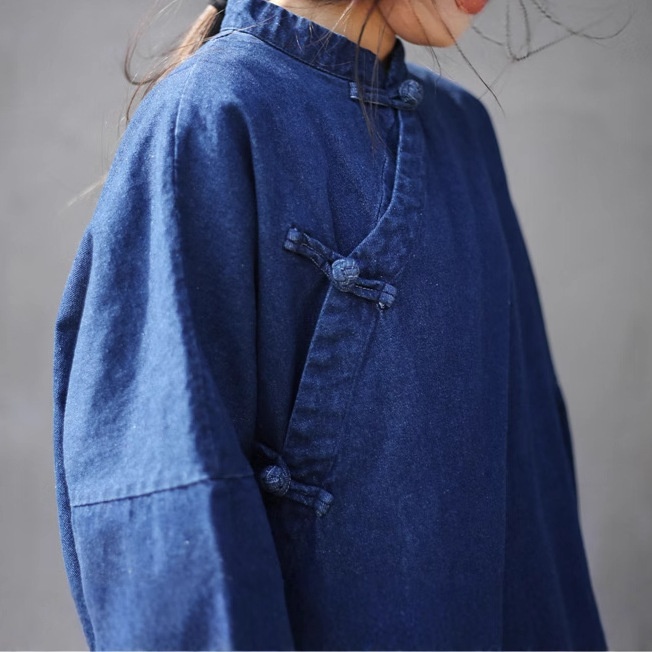 Damen Asymmetrischer, geknöpfter, langer, lockerer Denim-Trenchcoat im Zen-Stil, Vintage-Look, einfarbig_voghion.com