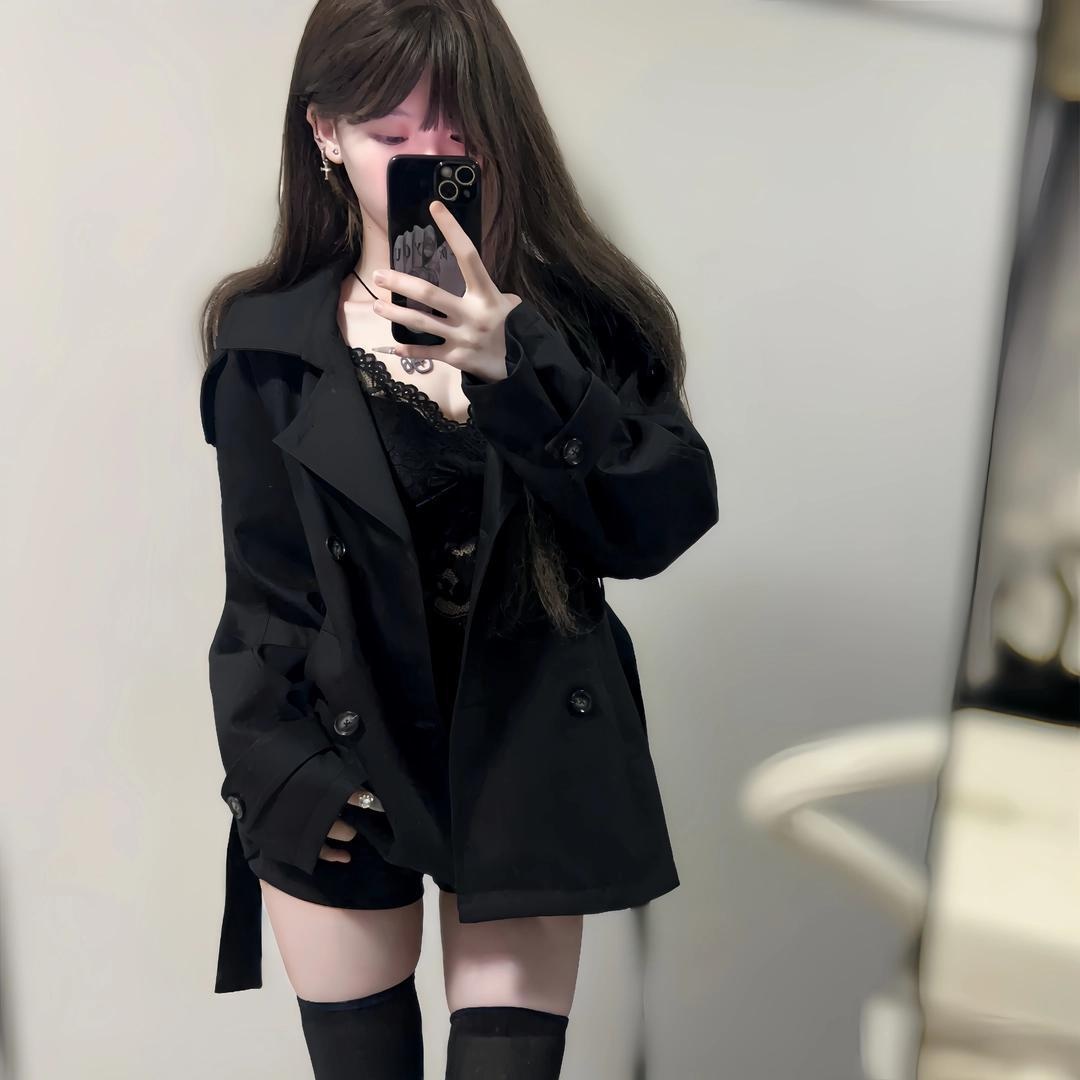 Women's Clothing Women's British Short Trench Coat Black Double-Breasted Petite Women Autumn Winter New High-End Waist-Cinching Little_voghion.com