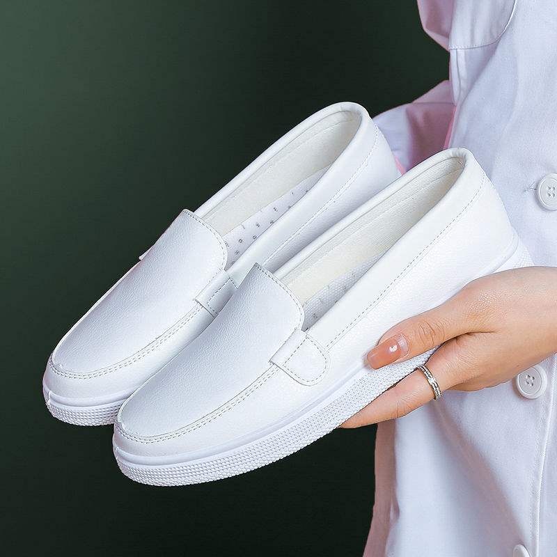 ShoeGlobe ShoeGlobe Nurse Women Soft Sole Leather Surface Flat Non-Tiring Foot Hospital Anti-Slip White Round Toe Breathable Deodorant Work_voghion.com