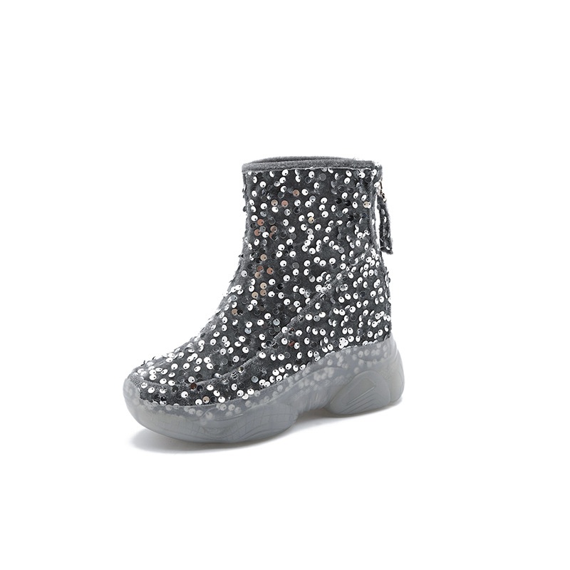 Scarpe con tacco alto ShoeGlobe da donna, nuovo design di nicchia per autunno e inverno, a metà polpaccio, foderate in pile, alla moda, in cotone versatile con paillettes_voghion.com