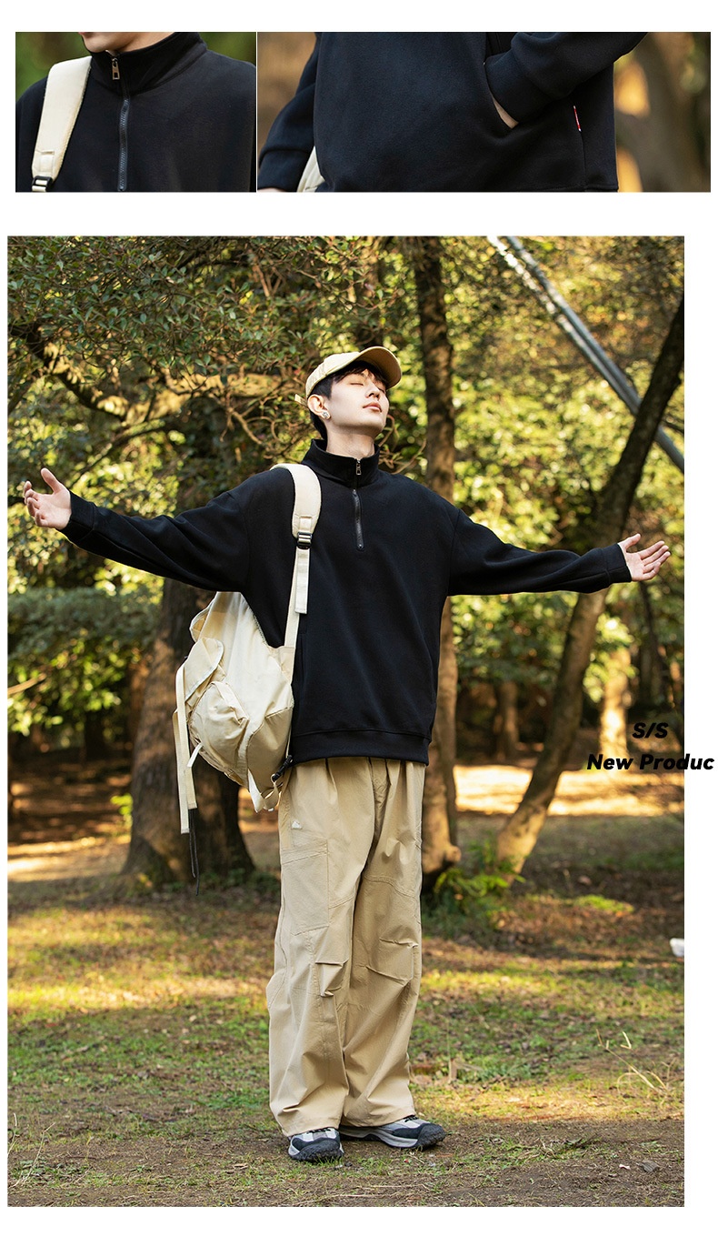 boy Kunhaipengyun Autumn New Fleece-Lined Thickened Stand Collar Sweatsh Men's Mountain Style Outdoor Solid Color Polo_voghion.com