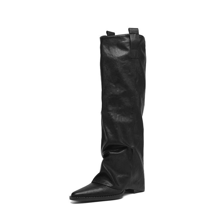 ShoeGlobe Echtleder-Version! Schwarze, gerade geschnittene Overknee-Reitstiefel für Damen mit spitzer Zehenpartie und erhöhter Körpergröße._voghion.com