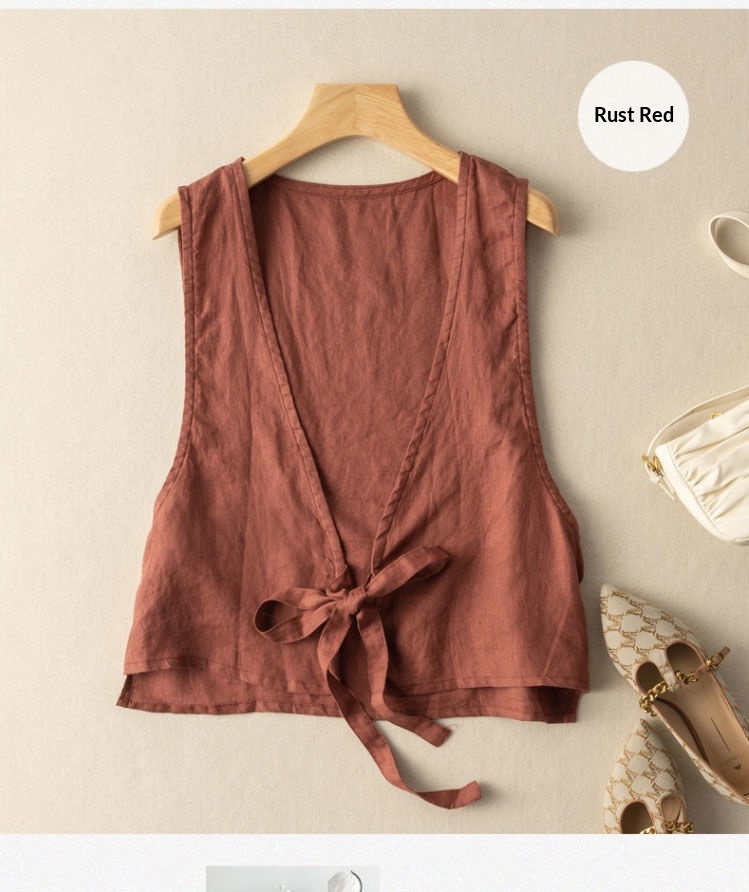 Women's Vintage Artistic British Style Sleeveless Linen V-neck Blazer Vest For Women 2025 Summer New Fashionable Jacket Top_voghion.com