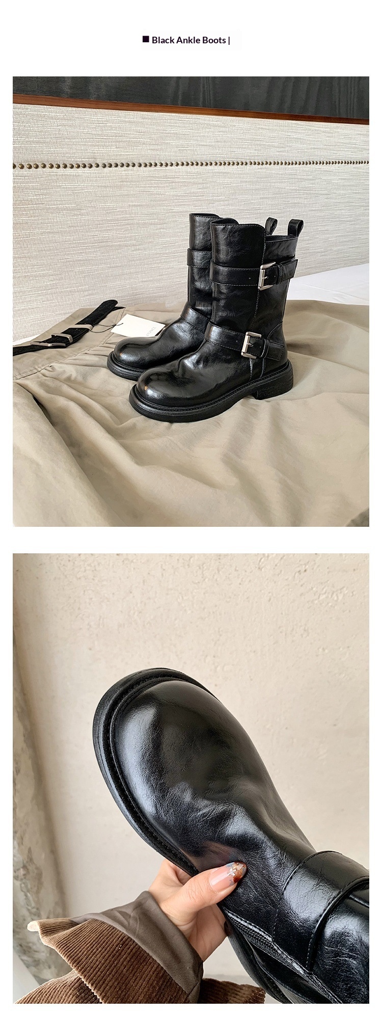 ShoeGlobe Decadent Button für neue vielseitige Retro-Faltenstiefel mit dickem Absatz, hohem Schaft, schmaler Form, langem Absatz, Damen-Kurzstiefel_voghion.com