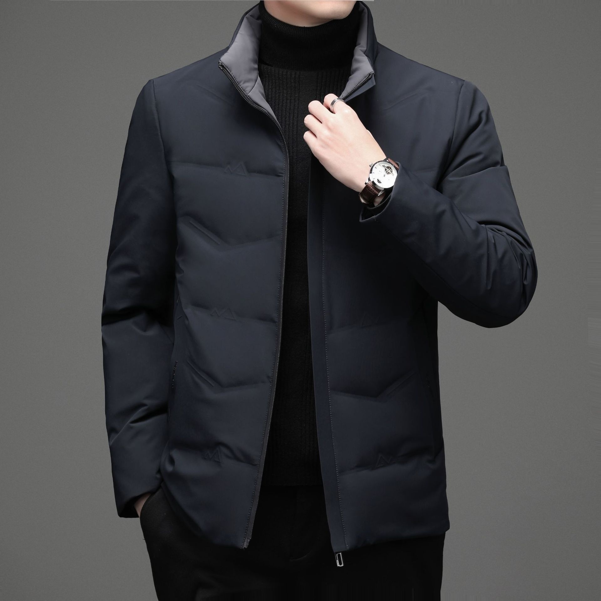boy 2025 Winter New Casual Color Stand Collar White Duck Warm Down Middle-aged Men's Jacket_voghion.com
