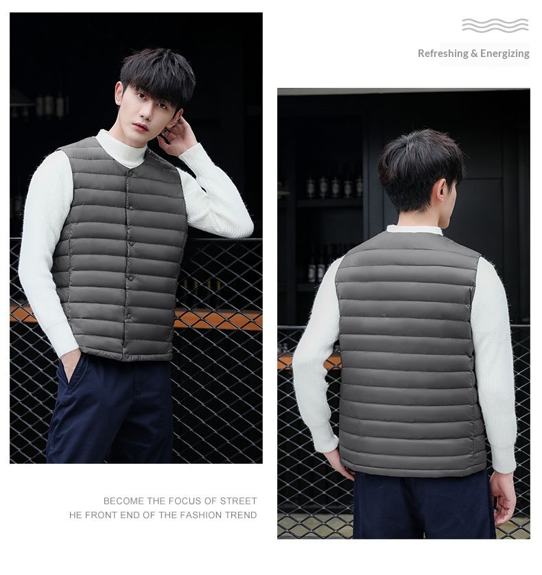 boy Pinghu Chixin 90% Fleece Solid Color New Men's V-Neck Round Neck Vest Down Jacket Large Size Coat_voghion.com