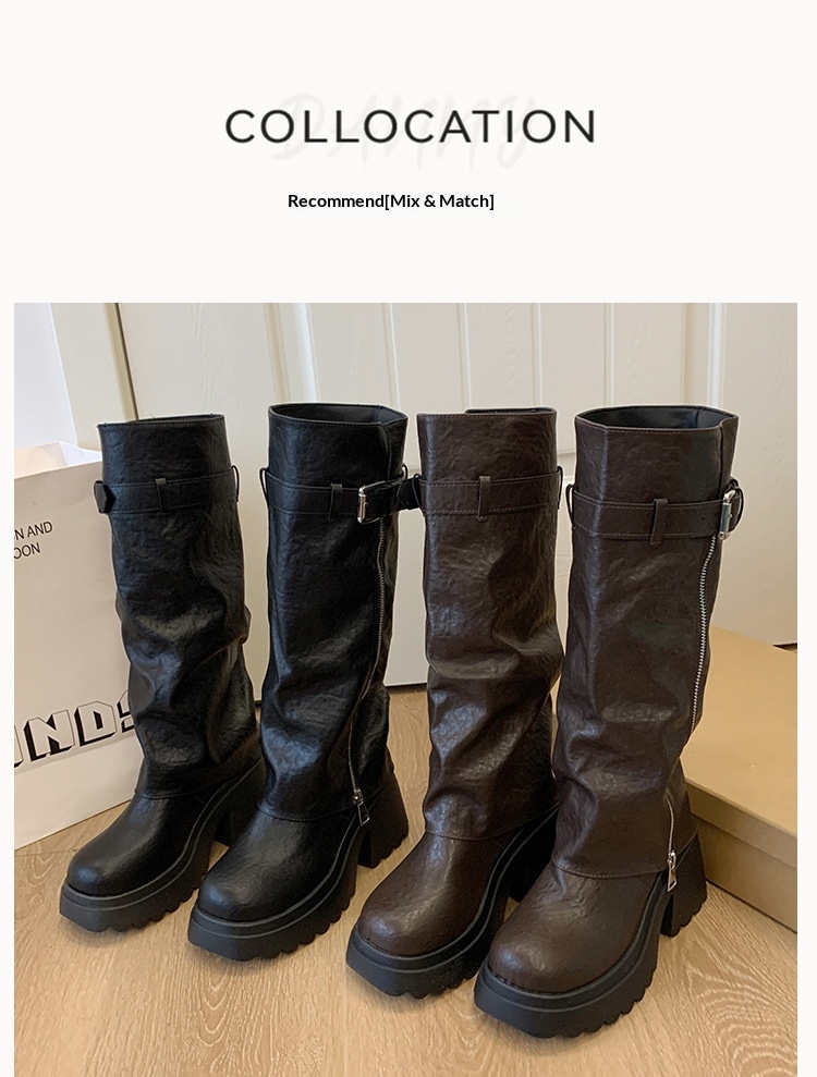 ShoeGlobe Damen-Reitstiefel im postapokalyptischen Stil mit dicker Sohle, runder Zehenpartie und langem Schaft, Xinjiang-Stil, neue schwarze, figurformende Sommer-Reitstiefel_voghion.com