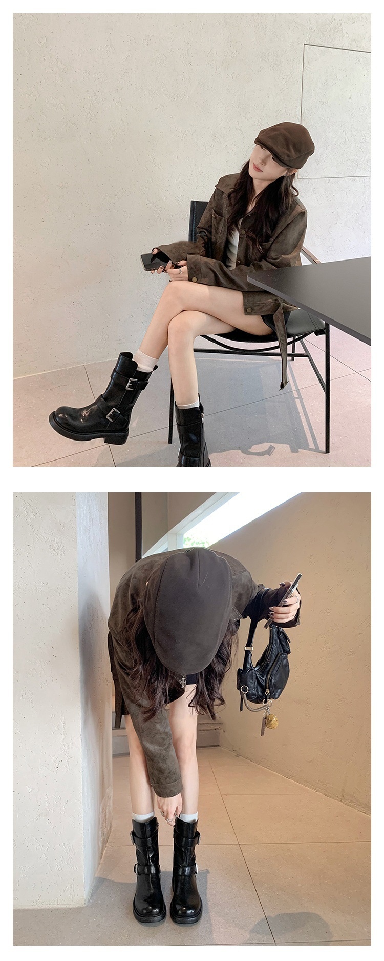 ShoeGlobe Decadent Button für neue vielseitige Retro-Faltenstiefel mit dickem Absatz, hohem Schaft, schmaler Form, langem Absatz, Damen-Kurzstiefel_voghion.com