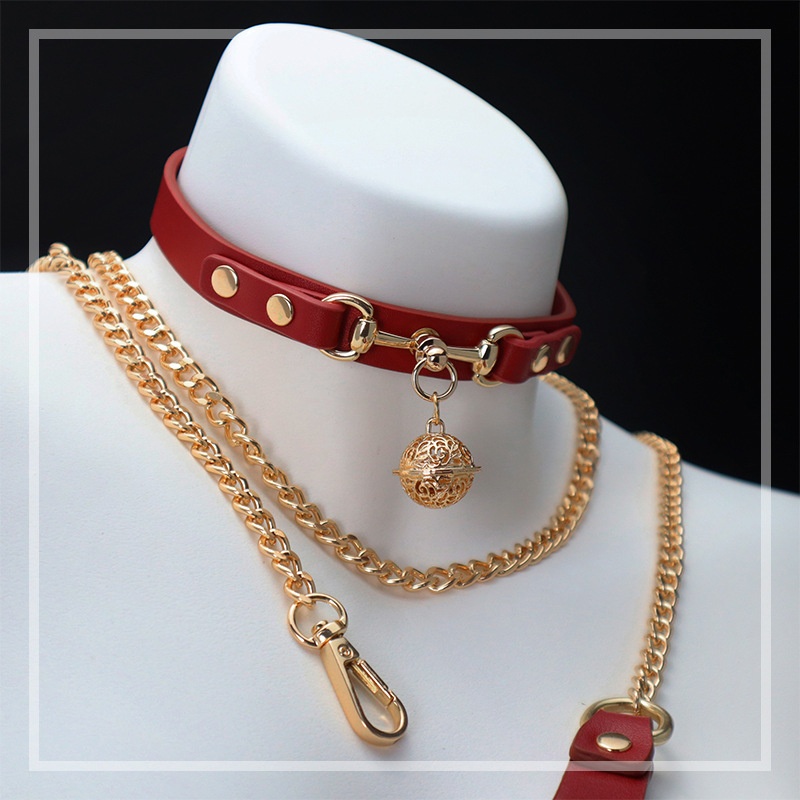 Eros Lab Sexy Wine Red Bell Bone SM Bondage Supplies Choker Neck Collar With Leash Outdoor Training Props_voghion.com