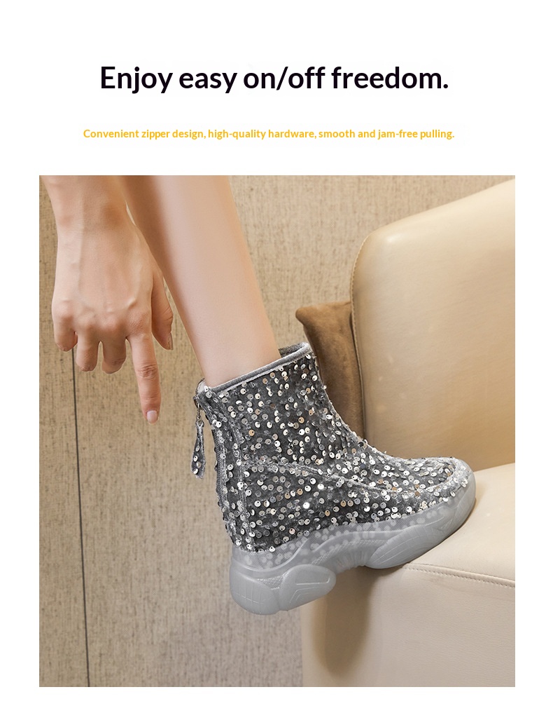 Scarpe con tacco alto ShoeGlobe da donna, nuovo design di nicchia per autunno e inverno, a metà polpaccio, foderate in pile, alla moda, in cotone versatile con paillettes_voghion.com