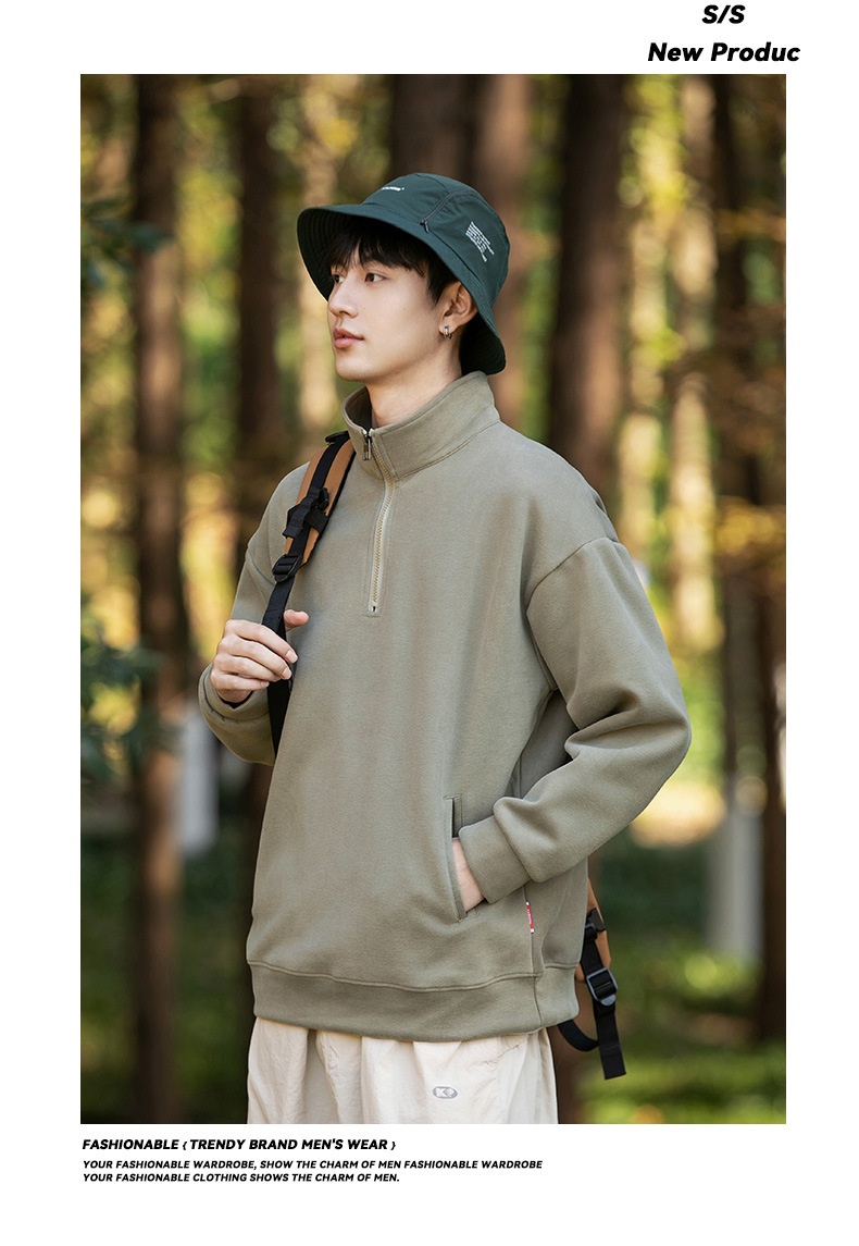 boy Kunhaipengyun Autumn New Fleece-Lined Thickened Stand Collar Sweatsh Men's Mountain Style Outdoor Solid Color Polo_voghion.com