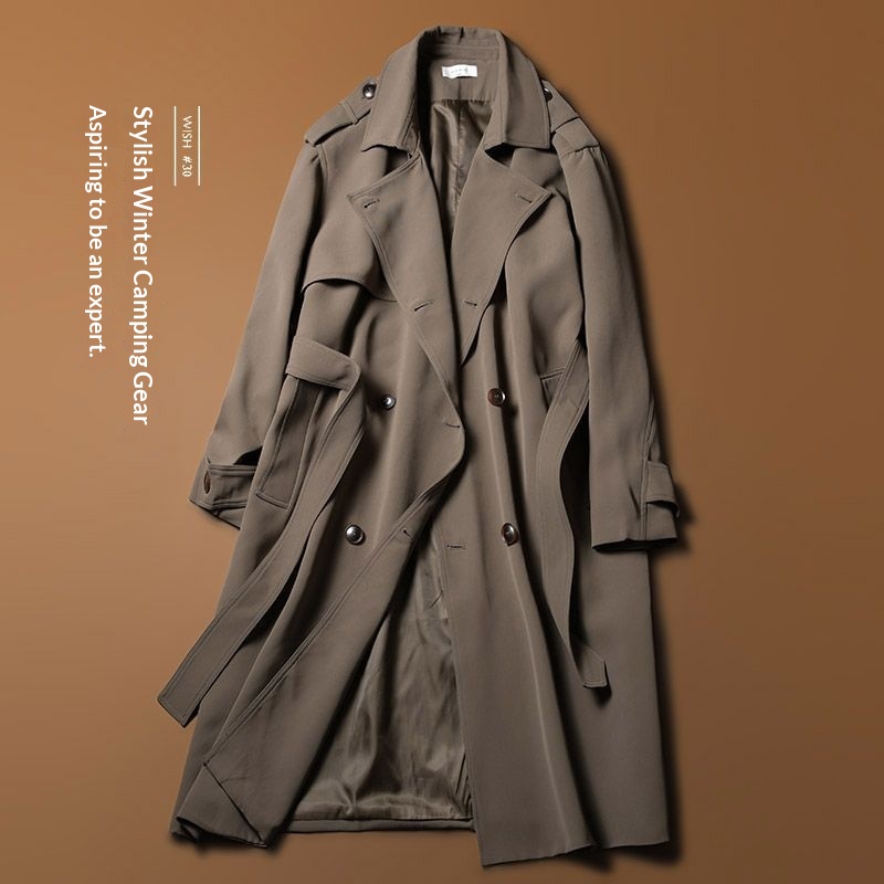 Women's British Style Lapel Mid-Length Trench Coat For Men, Spring And Autumn, Draped Double-Breasted Loose Oversized Long Coat_voghion.com