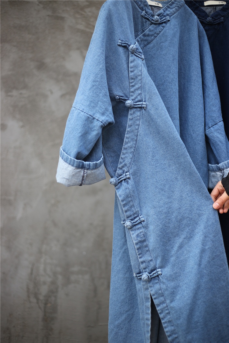 Damen Asymmetrischer, geknöpfter, langer, lockerer Denim-Trenchcoat im Zen-Stil, Vintage-Look, einfarbig_voghion.com
