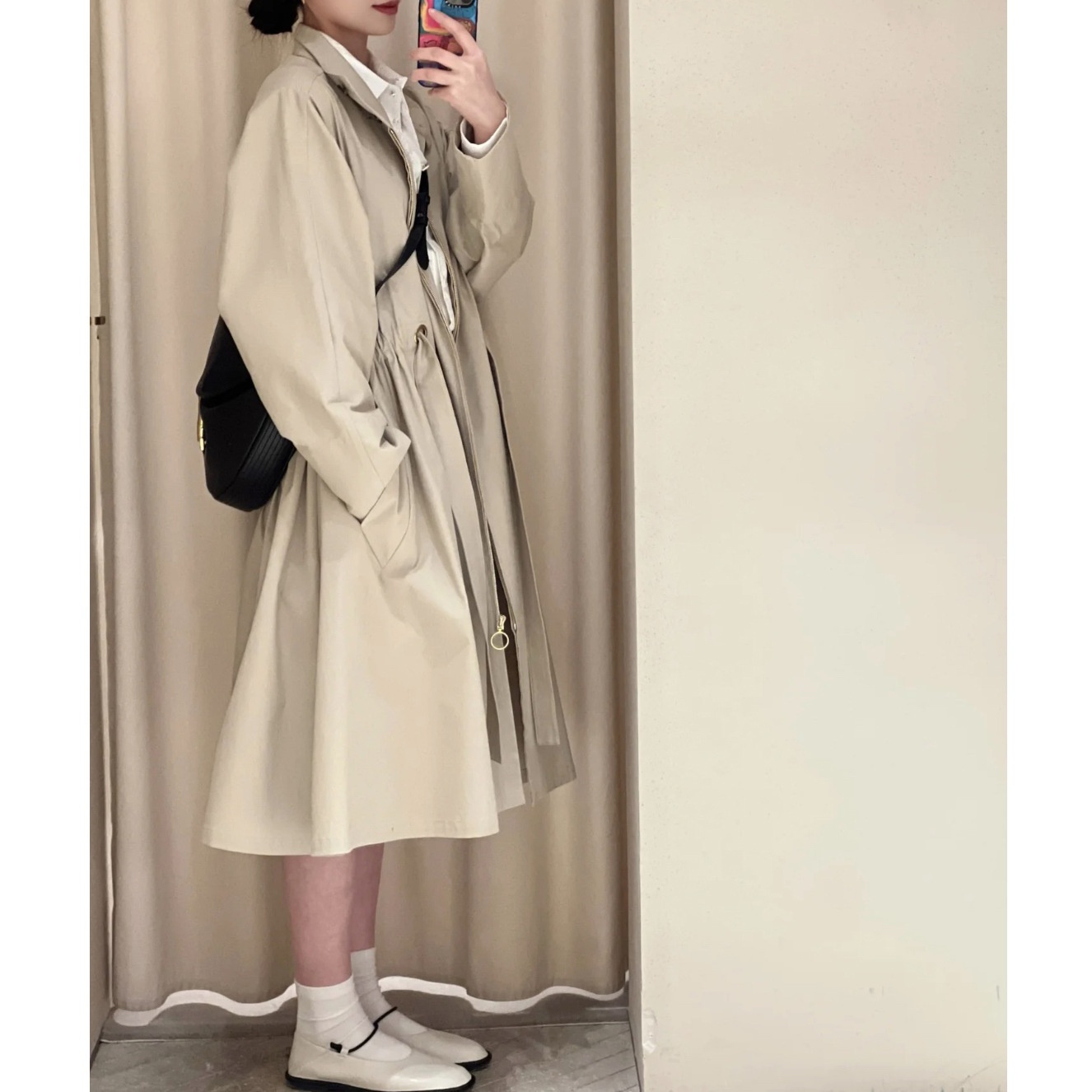 Women's Clothing In Stock Xiaohefeng Spring And Autumn Loose Drawstring Stand Collar Casual Simple Mid-Length Trench Coat F_voghion.com