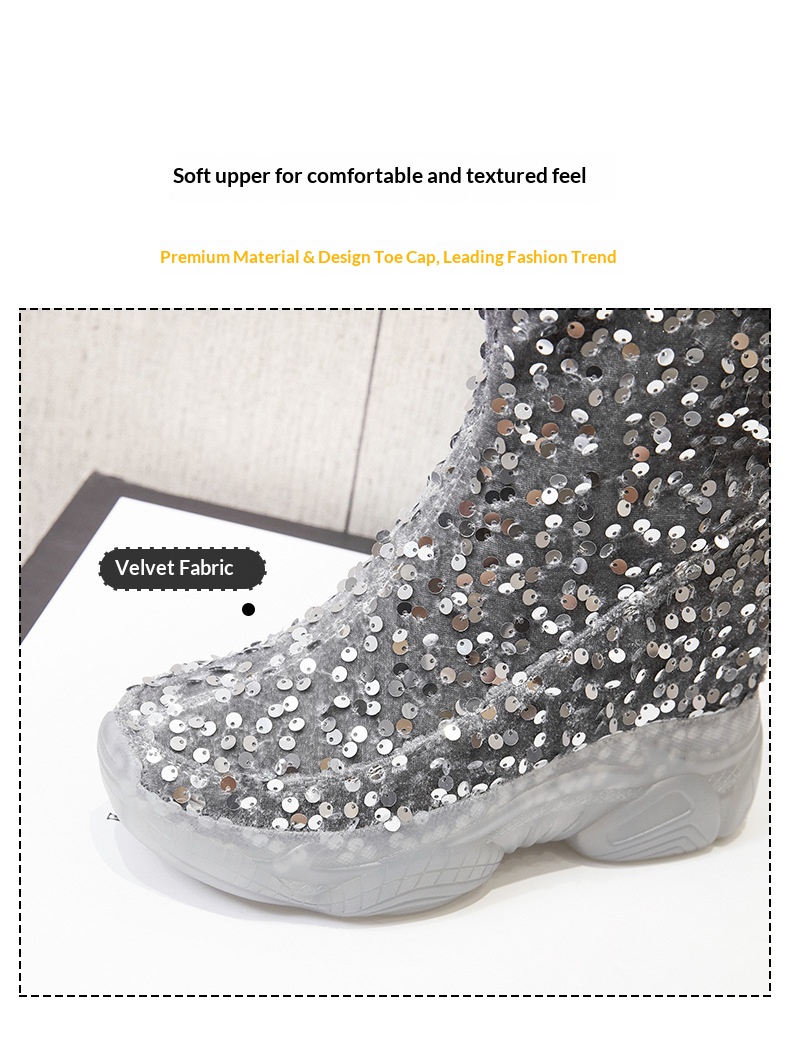 Scarpe con tacco alto ShoeGlobe da donna, nuovo design di nicchia per autunno e inverno, a metà polpaccio, foderate in pile, alla moda, in cotone versatile con paillettes_voghion.com