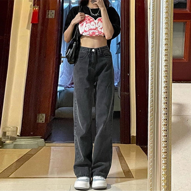 girl Spring And Autumn Black Gray High Waist Straight Jeans For Women Loose Casual Korean Style Pear Shape Draped Wide Leg_voghion.com