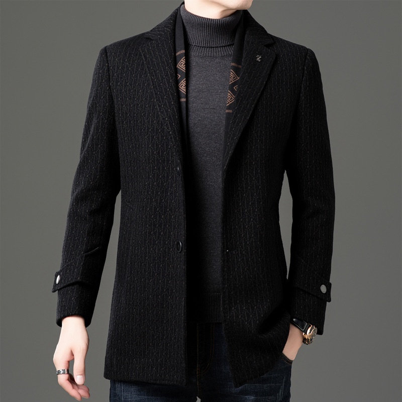 boy Boy Boy 2025 Winter Wool Coat Men, Fashionable Striped Suit Collar, White Duck Down Scarf Woolen Jacket For Young And_voghion.com