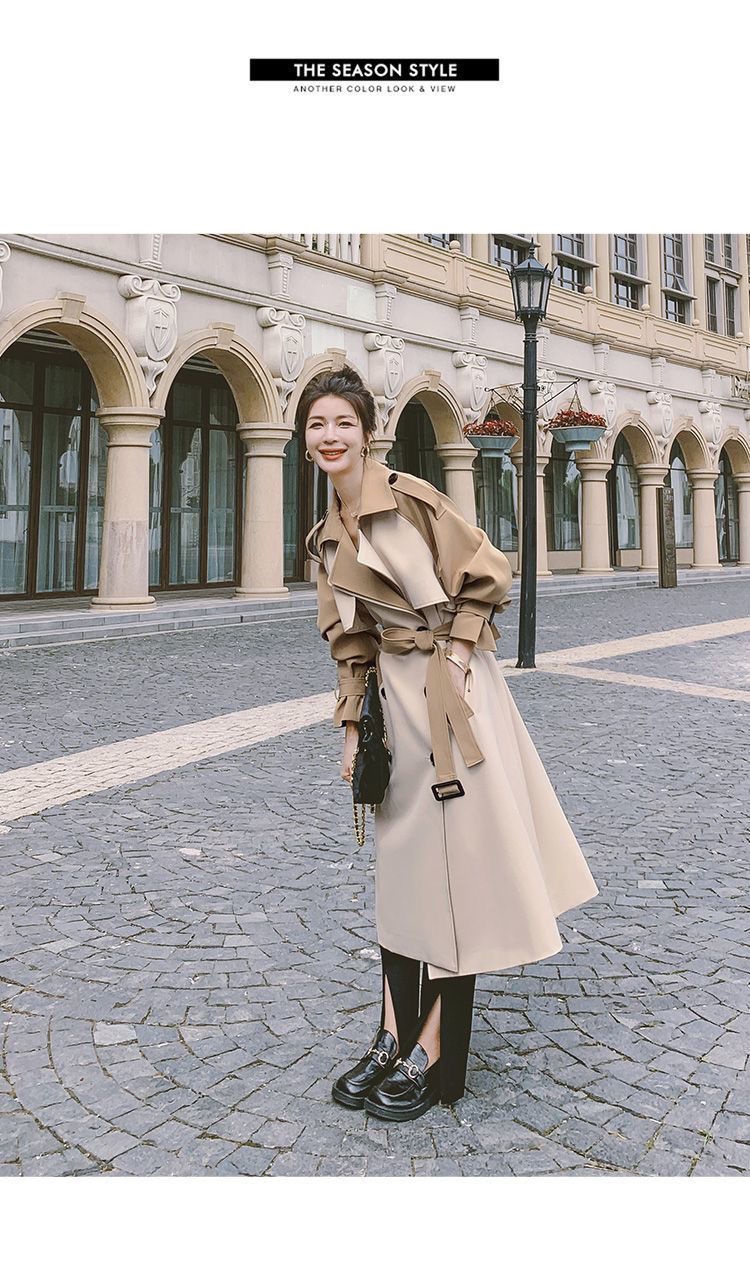 Modischer, eleganter Trenchcoat für Damen, mittellang, Herbst 2022, neuer Stil, Farbblock-Design, Overknee-Schnitt_voghion.com