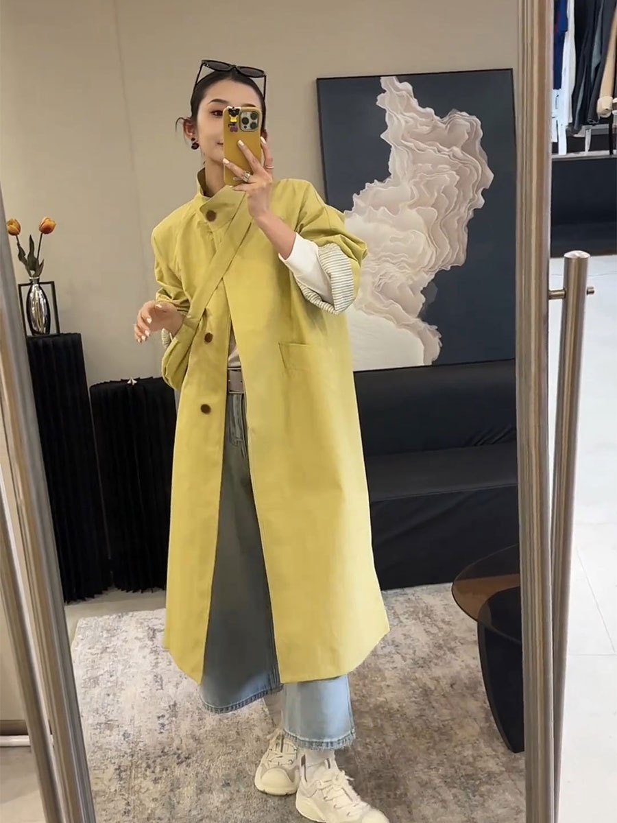 Damenbekleidung Damenbekleidung Damenbekleidung Eleganter, einreihiger Trenchcoat mit Stehkragen in mittlerer Länge, hochwertiger koreanischer Stil, locker geschnitten_voghion.com