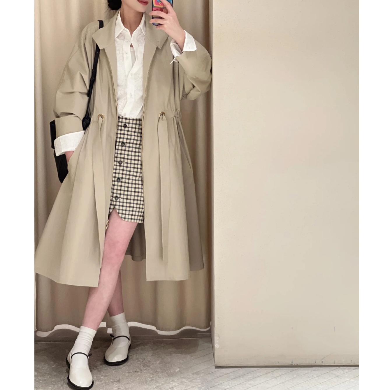 Women's Clothing In Stock Xiaohefeng Spring And Autumn Loose Drawstring Stand Collar Casual Simple Mid-Length Trench Coat F_voghion.com