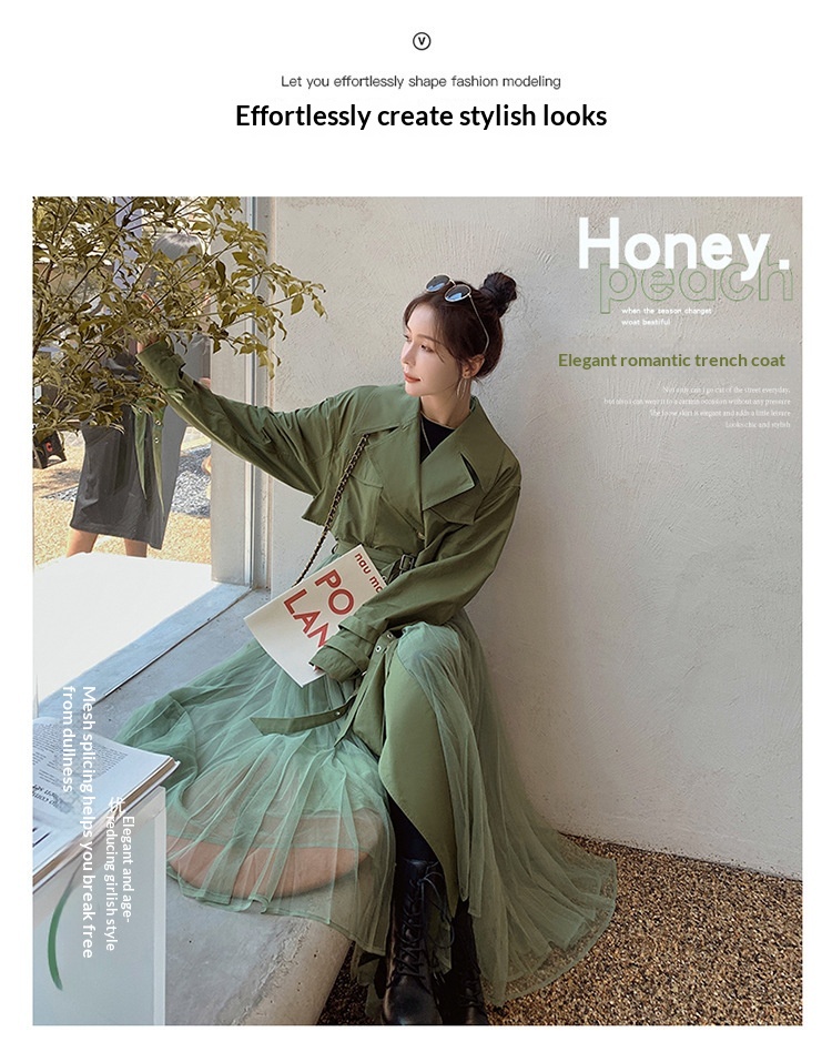 Women's Clothing Large Stock Available Spring And Autumn Khaki Trench For Women French Style Loose Mesh Patchwork Casual Elegant Coat_voghion.com