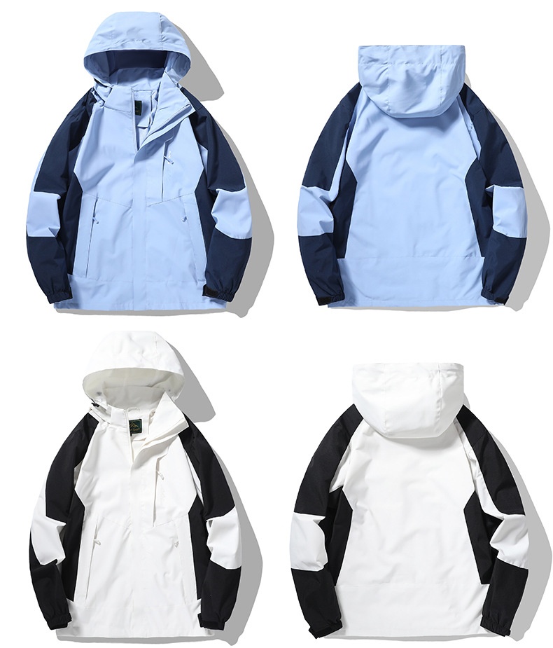 Veste de randonnée imperméable et coupe-vent pour femme, color block, avec capuche amovible. Modèle unique._voghion.com