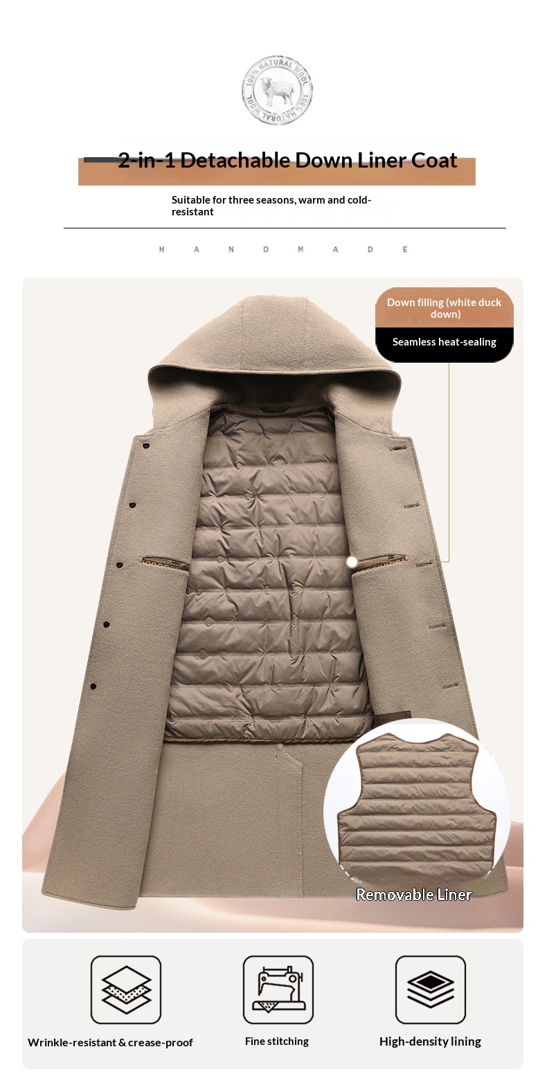 Trench-coat long homme en laine 100 % pour l'automne et l'hiver, à capuche double face et doublure en duvet._voghion.com