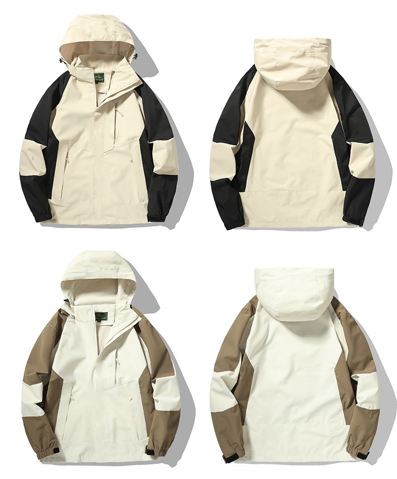 Veste de randonnée imperméable et coupe-vent pour femme, color block, avec capuche amovible. Modèle unique._voghion.com