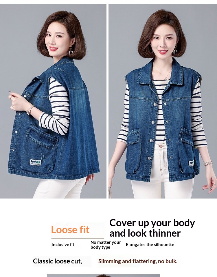 Women's Spring And Autumn New Denim Vest Women, Loose Fit, Plus Size, Fashionable, Casual, Slimming, Sleeveless Jacket_voghion.com