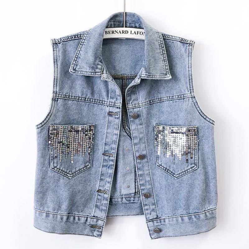 2023 Women's Fashion Sequin Plus Size Denim Women, Korean Style Short Vest For Spring And Autumn, Hot Selling Cross-Border_voghion.com