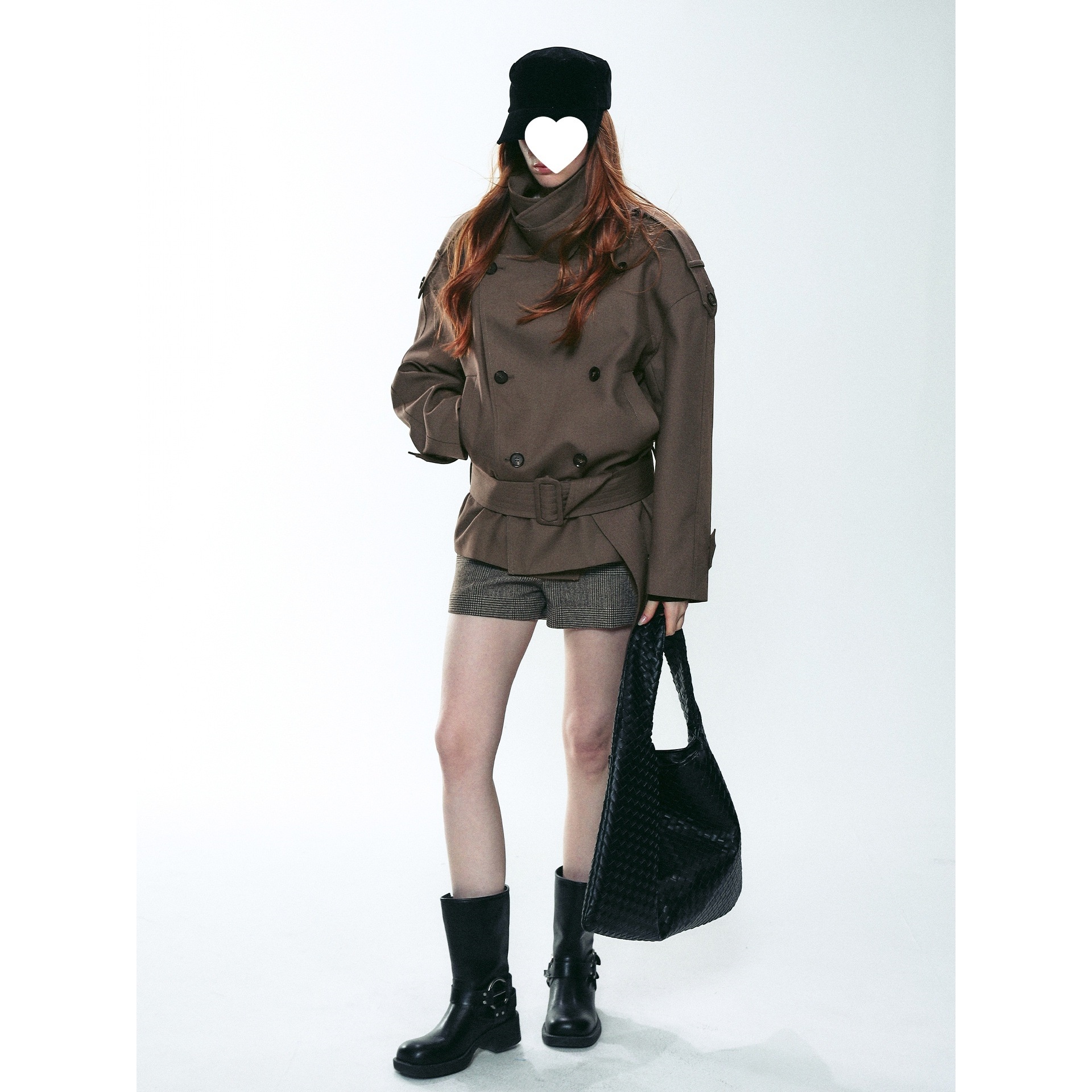 2W French Retro Large Stand Collar Wide Shoulder Short Double-Breasted Waist-Tie Trench Coat For Women_voghion.com