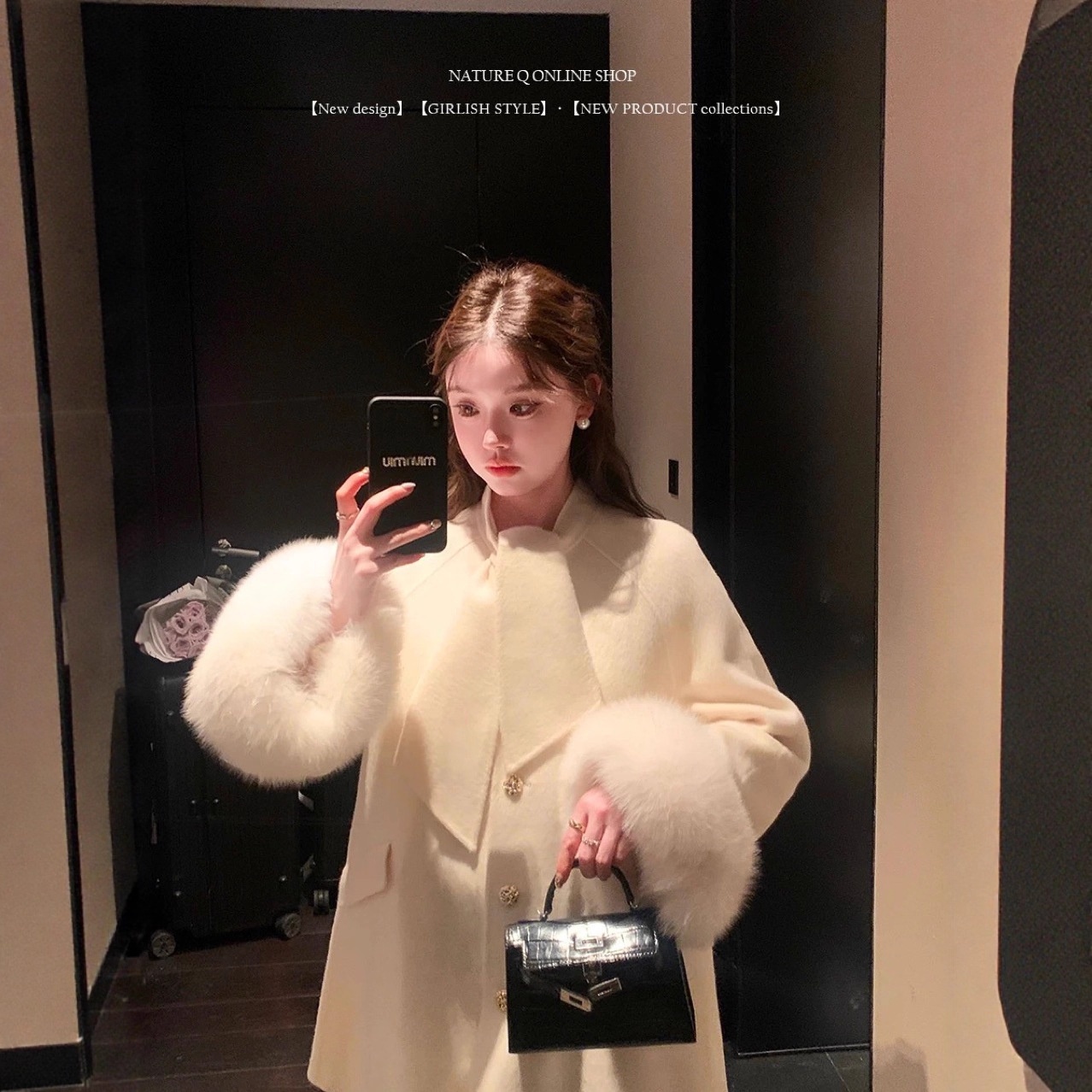 Women's Clothing Women's Clothing Yang Xiaojuan Fox Fur Sleeve Wool Hepburn Style Black For Women Winter Scarf Double-Sided Woolen Coat_voghion.com