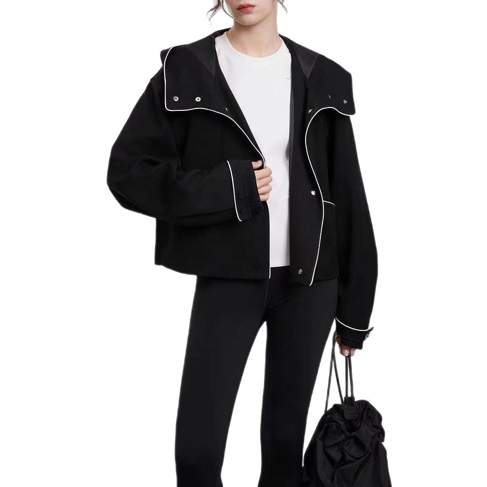 2025 Autumn New High-end Commuting Style Women's Clothing ELLE Black Sheep Wool Contrast Color Hooded Short Coat_voghion.com