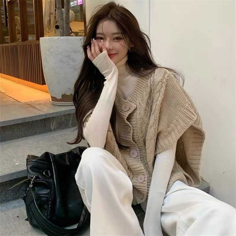 Kadınlar İçin Kore Tarzı Kolsuz Sonbahar Modası Bol Örgü Hırka Kadın Çok Yönlü Kazak Yelek_voghion.com
