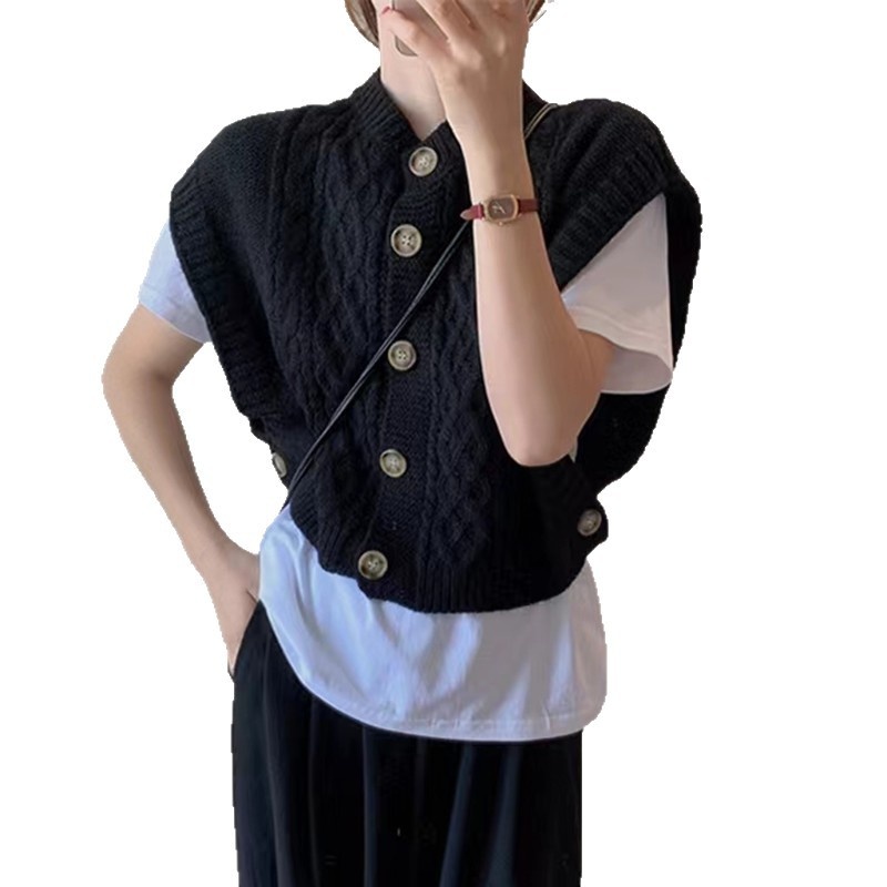 Kadınlar İçin Kore Tarzı Kolsuz Sonbahar Modası Bol Örgü Hırka Kadın Çok Yönlü Kazak Yelek_voghion.com