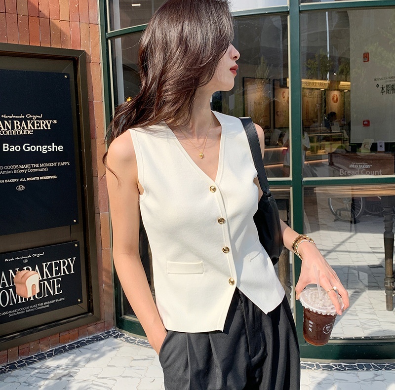 Women's Clothing Agent Cool Texture Outerwear Summer New Fashion Women's Casual V-neck Blazer Vest French Sleeveless Knit_voghion.com