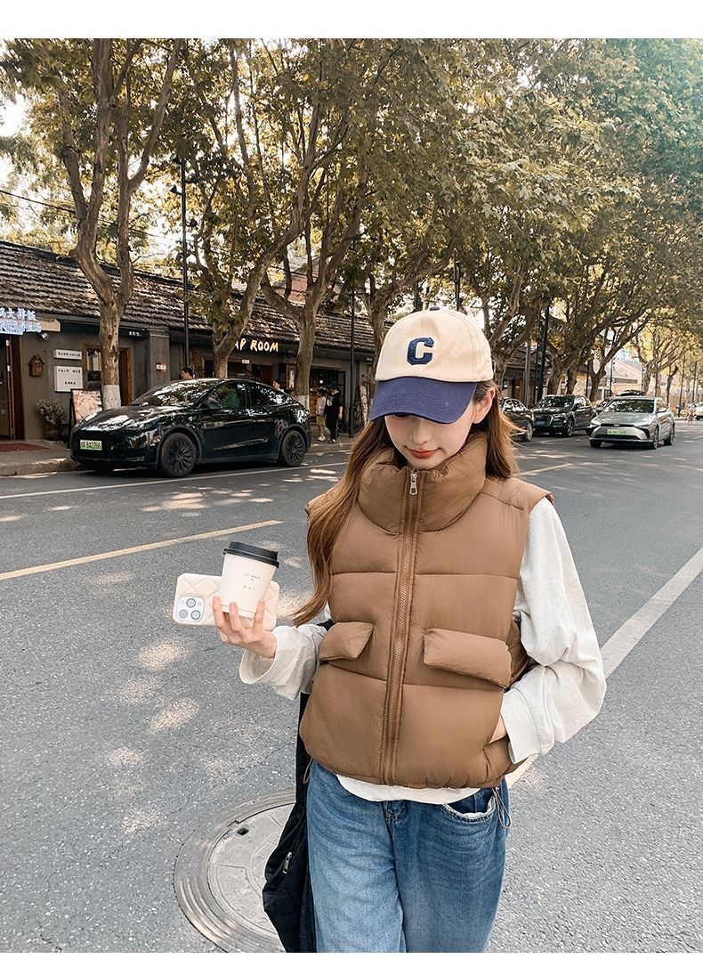 2025 Herfst Winter Nieuwe Mode Down Katoenen Opstaande Kraag Studenten Vest Jas Dames Koreaanse Stijl Effen Kleur Losse Pasvorm_voghion.com