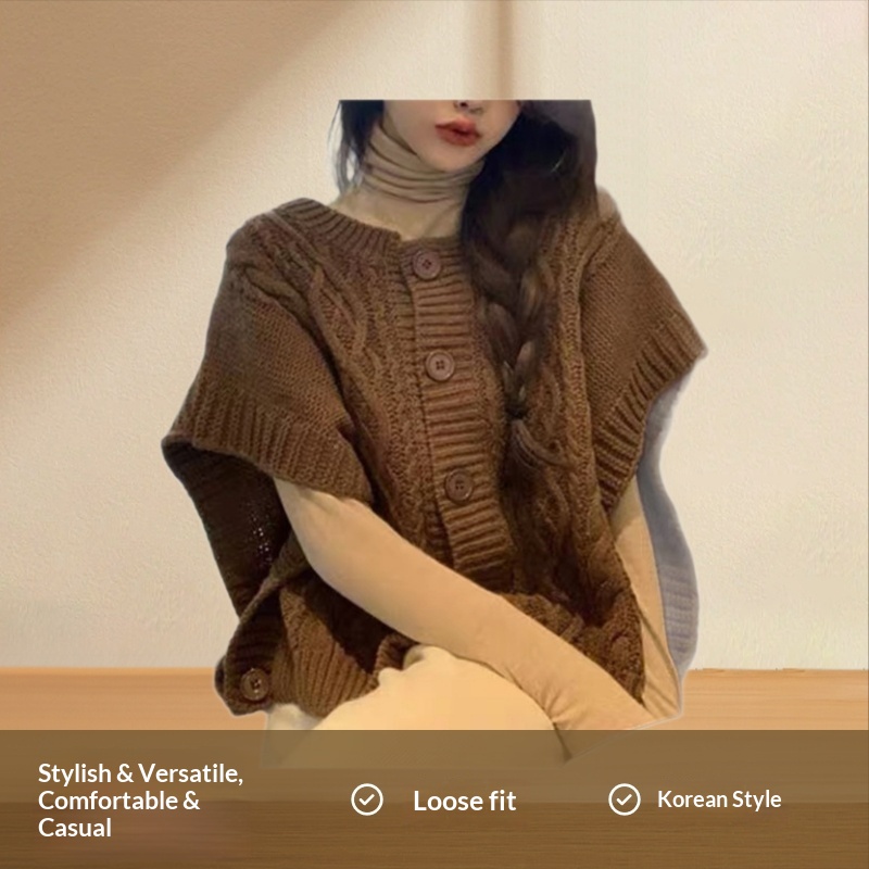 Kadınlar İçin Kore Tarzı Kolsuz Sonbahar Modası Bol Örgü Hırka Kadın Çok Yönlü Kazak Yelek_voghion.com
