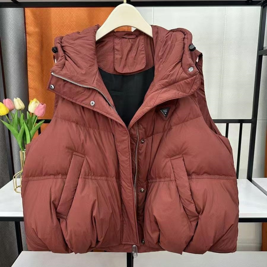 Neue Damen-Daunenweste aus Baumwolle für den Herbst: Modisch, lässig, vielseitig, figurformend, locker, warm, mit Kapuze, kurze Jacke_voghion.com