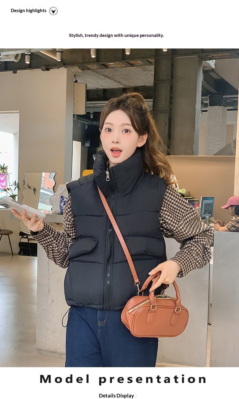 2025 Herfst Winter Nieuwe Mode Down Katoenen Opstaande Kraag Studenten Vest Jas Dames Koreaanse Stijl Effen Kleur Losse Pasvorm_voghion.com