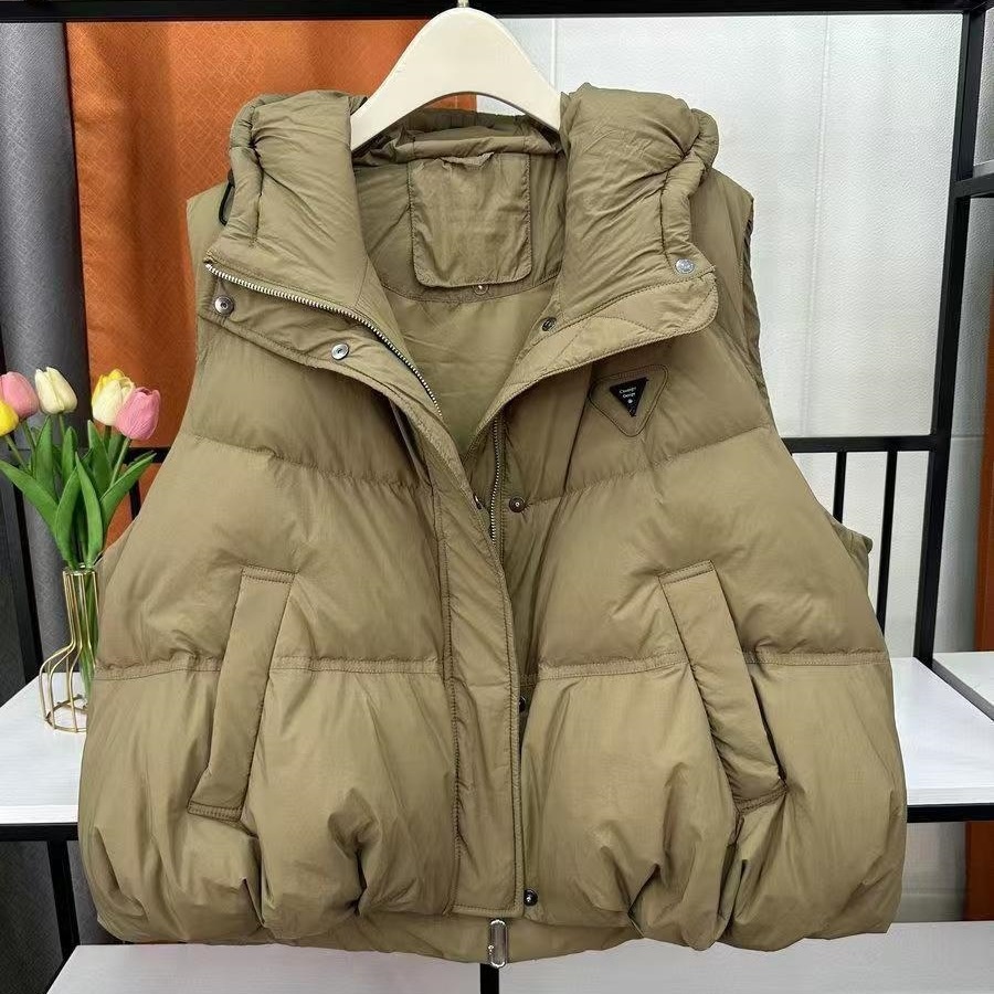 Neue Damen-Daunenweste aus Baumwolle für den Herbst: Modisch, lässig, vielseitig, figurformend, locker, warm, mit Kapuze, kurze Jacke_voghion.com