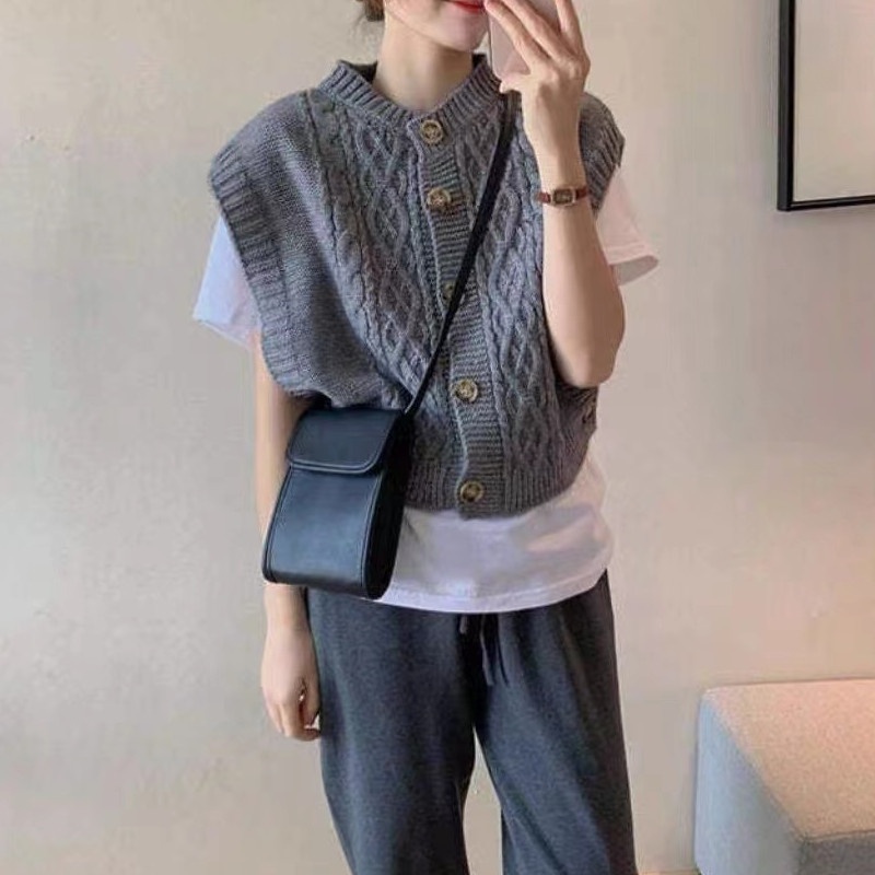 Kadınlar İçin Kore Tarzı Kolsuz Sonbahar Modası Bol Örgü Hırka Kadın Çok Yönlü Kazak Yelek_voghion.com