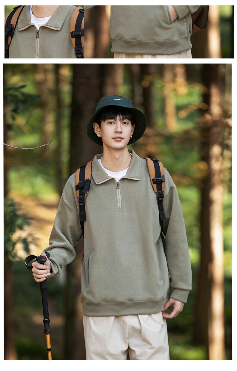 boy Kunhaipengyun Autumn New Fleece-Lined Thickened Stand Collar Sweatsh Men's Mountain Style Outdoor Solid Color Polo_voghion.com