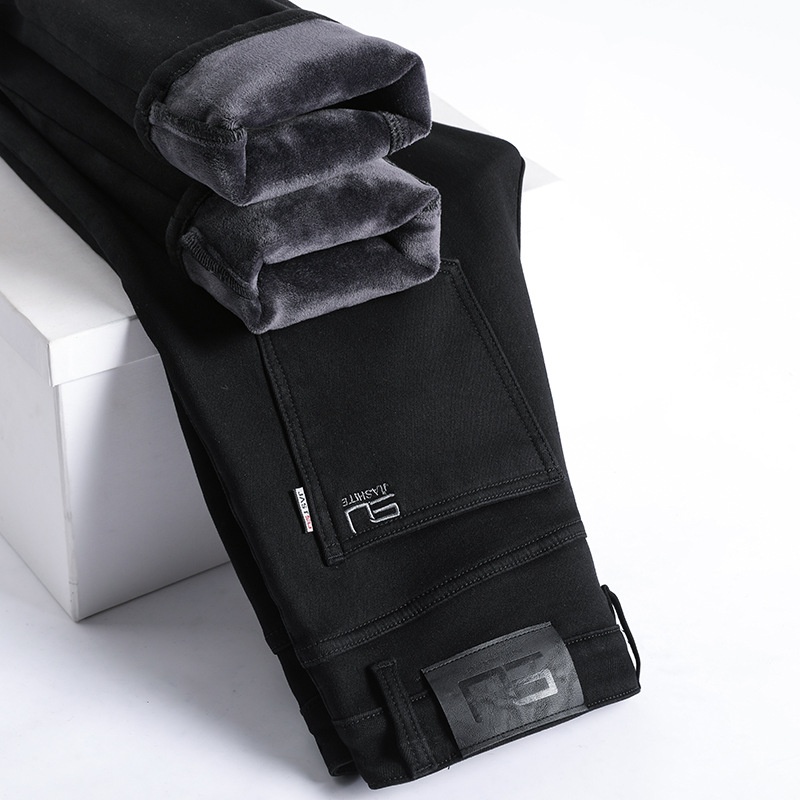 boy Boy Fleece-Lined Jeans For Men, Pure Black, Cotton-Padded, Straight-Leg, Autumn And Winter, Warm, Youth Long Pants, Men's_voghion.com