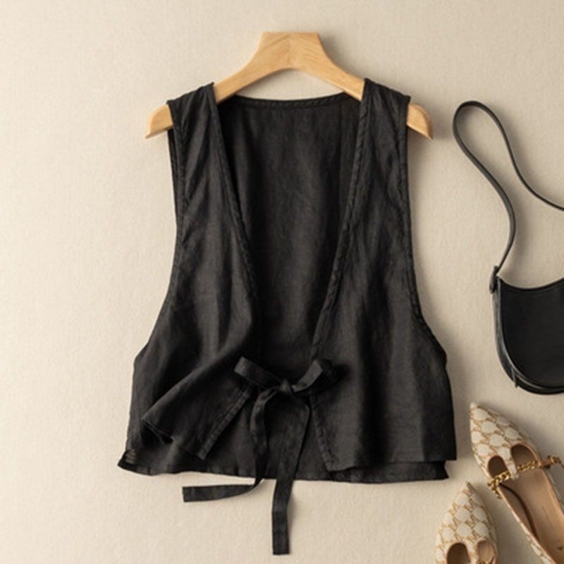 Women's Vintage Artistic British Style Sleeveless Linen V-neck Blazer Vest For Women 2025 Summer New Fashionable Jacket Top_voghion.com