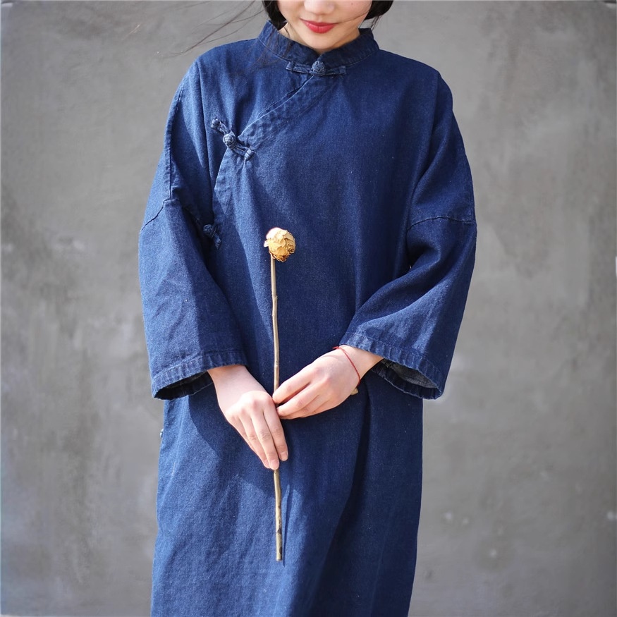 Damen Asymmetrischer, geknöpfter, langer, lockerer Denim-Trenchcoat im Zen-Stil, Vintage-Look, einfarbig_voghion.com